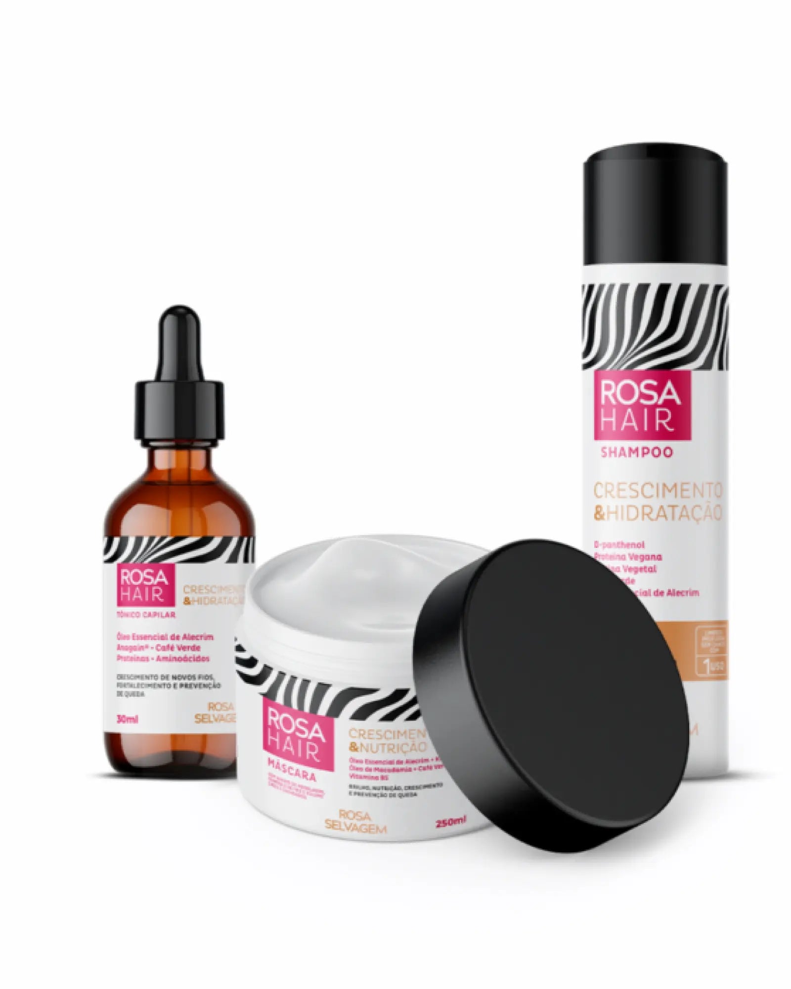 Kit Rosa Hair Crescimento Capilar: Shampoo + Máscara + Tônico
