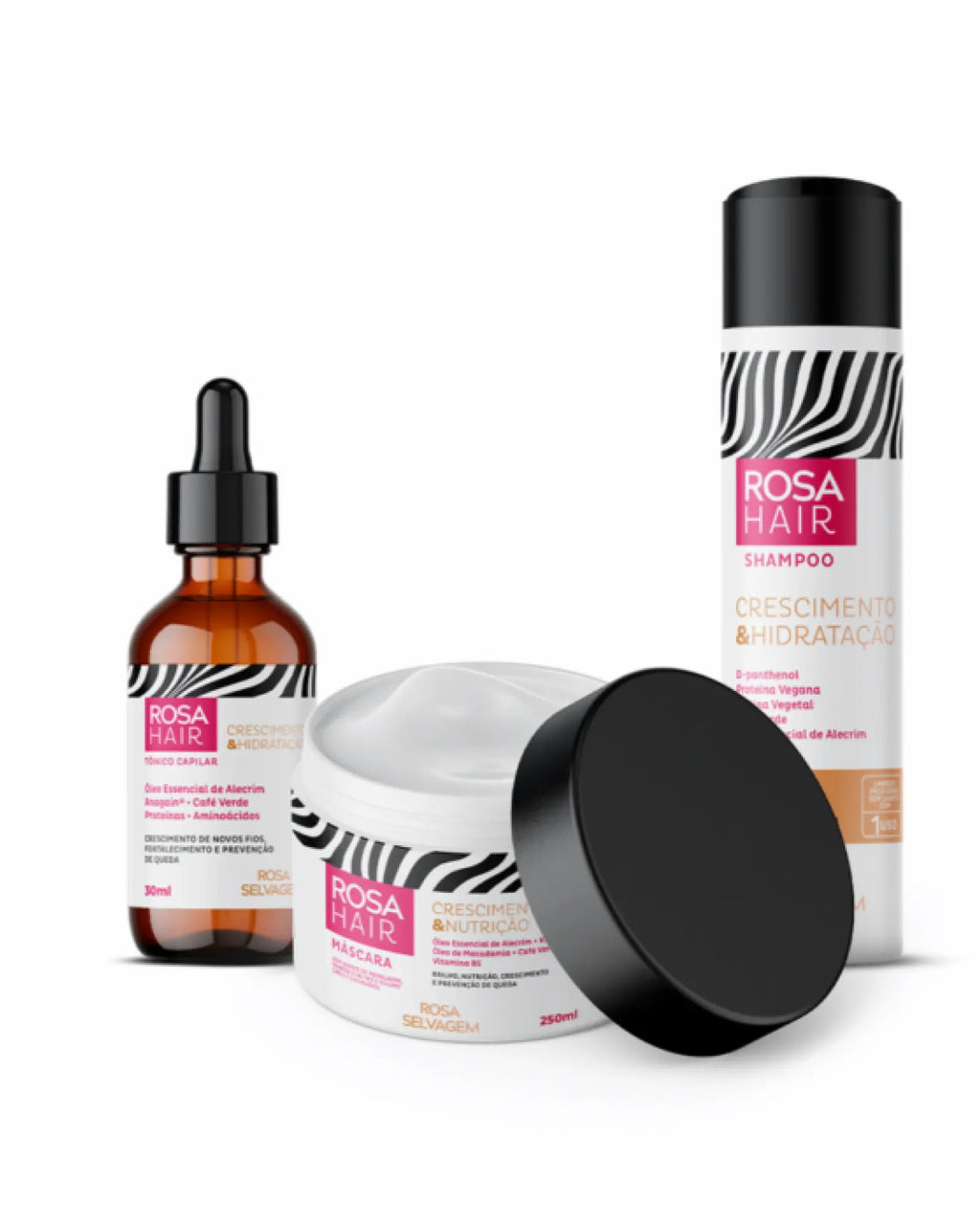 Kit Rosa Hair Crescimento Capilar: Shampoo + Máscara + Tônico + Óleo